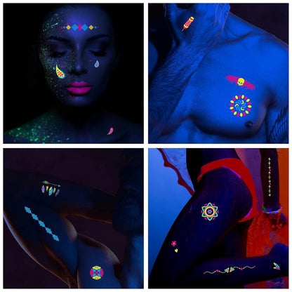 20 Neon Gesichtstattoos, UV Glow, wasserfest, Party