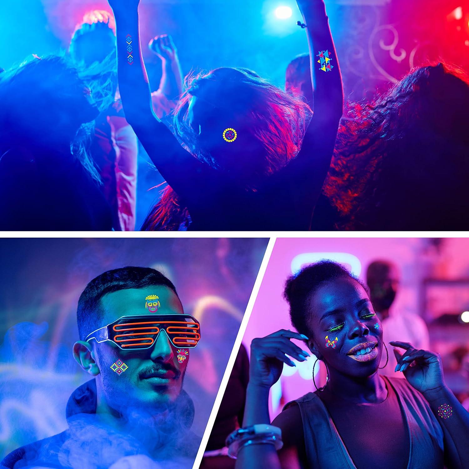 Neon Gesichtstattoos Set 176 Muster - Party Schwarzlicht Klebetattoos