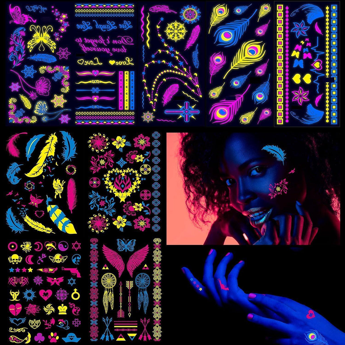 Neon Gesichtstatowierungen – 9 Blätter, Schwarzlicht Schminke