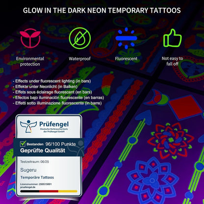 Neon Gesichtstatowierungen – 9 Blätter, Schwarzlicht Schminke