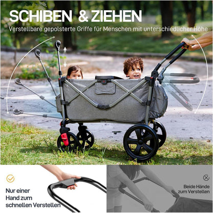 Faltbarer Bollerwagen mit Dach für 2 Kinder, Sicherheitsgurt