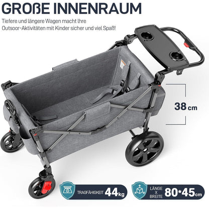 Faltbarer Bollerwagen mit Dach für 2 Kinder, Sicherheitsgurt
