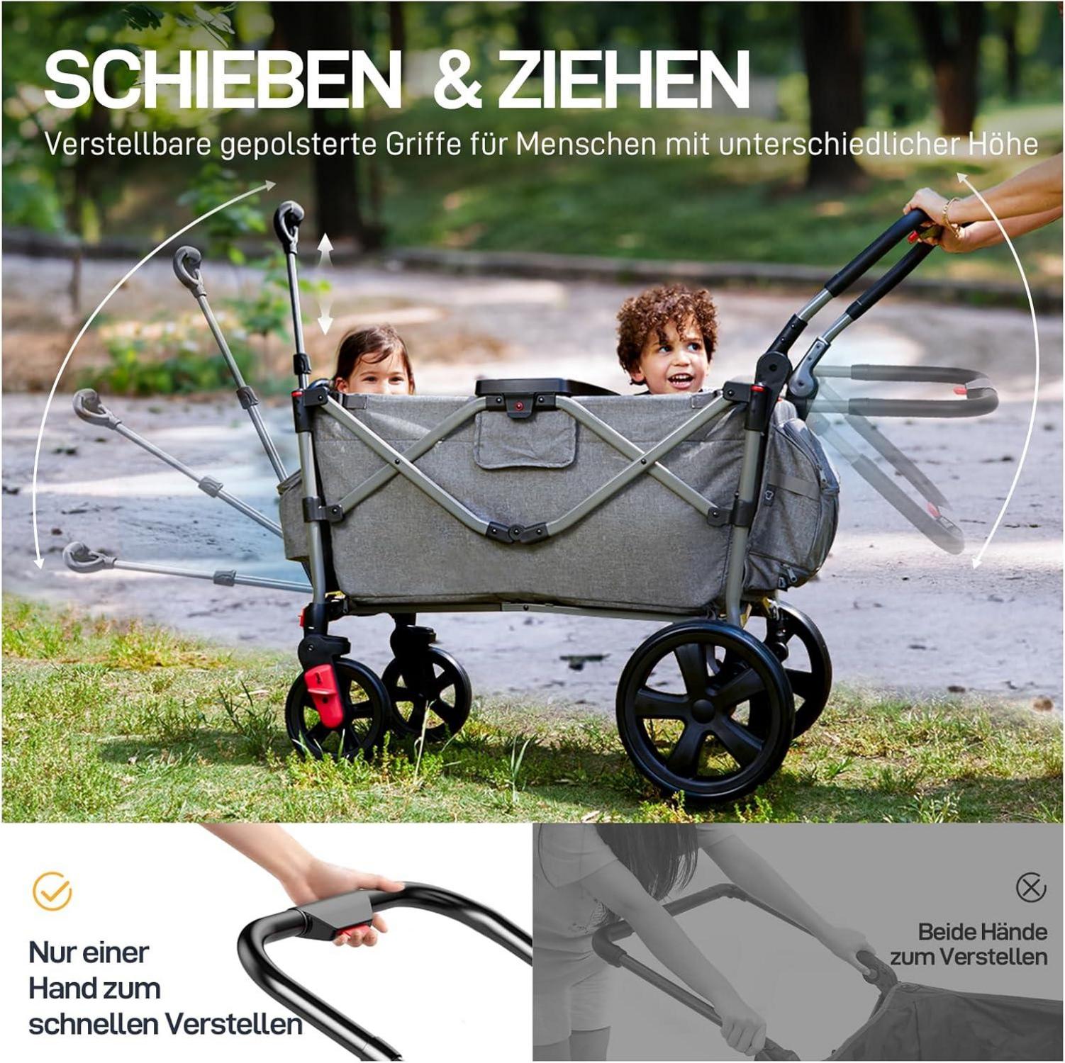Ever Advanced Bollerwagen für 2 Kinder faltbar mit Dach und Sicherheitsgurt Grau