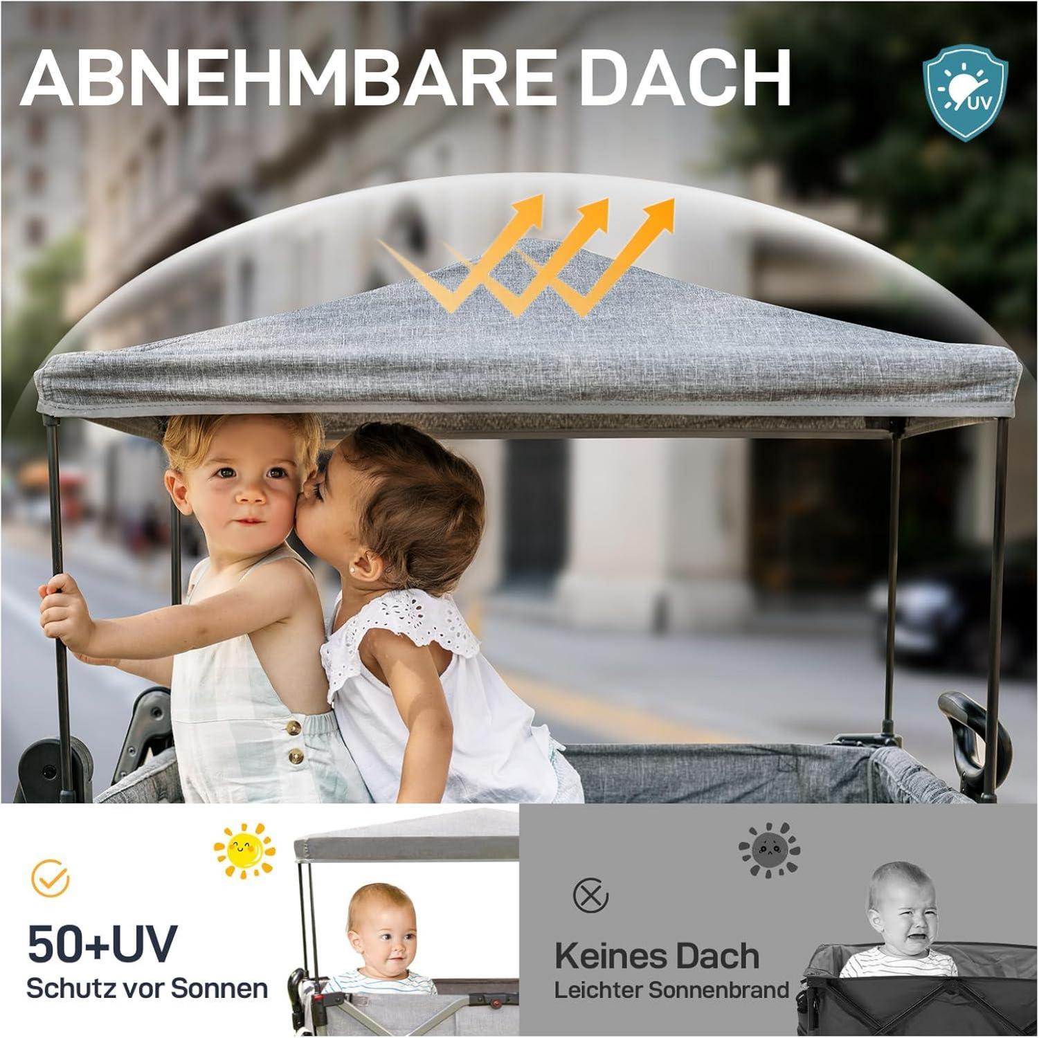 Klappbarer Kinder Bollerwagen mit Dach 2x5 Punkt Sicherheitsgurt Wickelrucksack