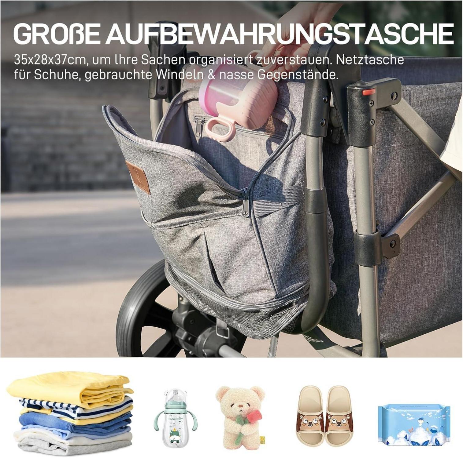 Klappbarer Kinder Bollerwagen mit Dach 2x5 Punkt Sicherheitsgurt Wickelrucksack