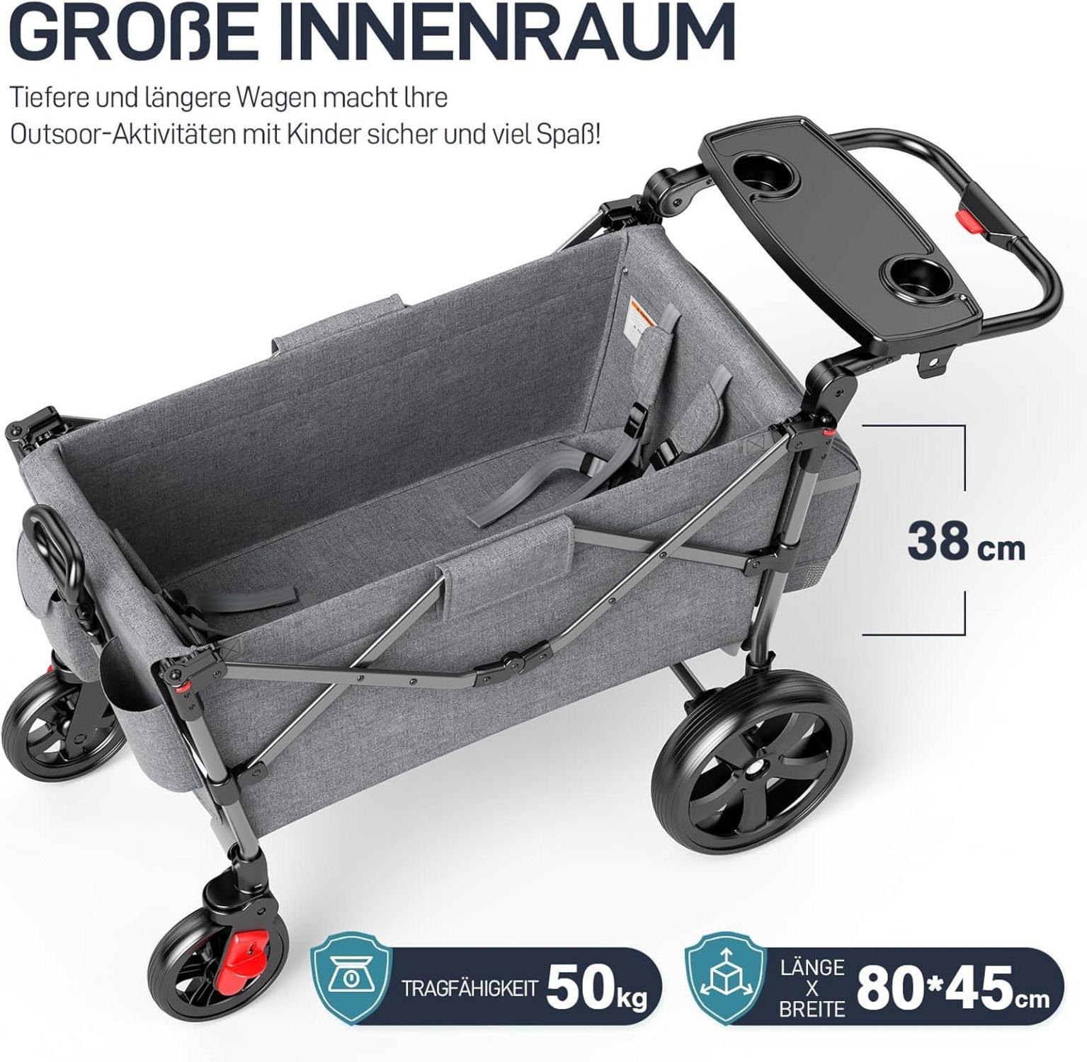 Ever Advanced Bollerwagen für 2 Kinder faltbar mit Dach und Sicherheitsgurt Grau