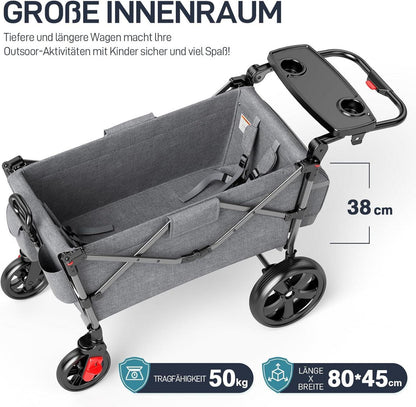 Ever Advanced Bollerwagen für 2 Kinder faltbar mit Dach und Sicherheitsgurt Grau
