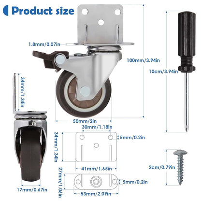 Montageplatte Möbelrollen Gummi 50mm 4 Bremse 270kg - 4er-Set