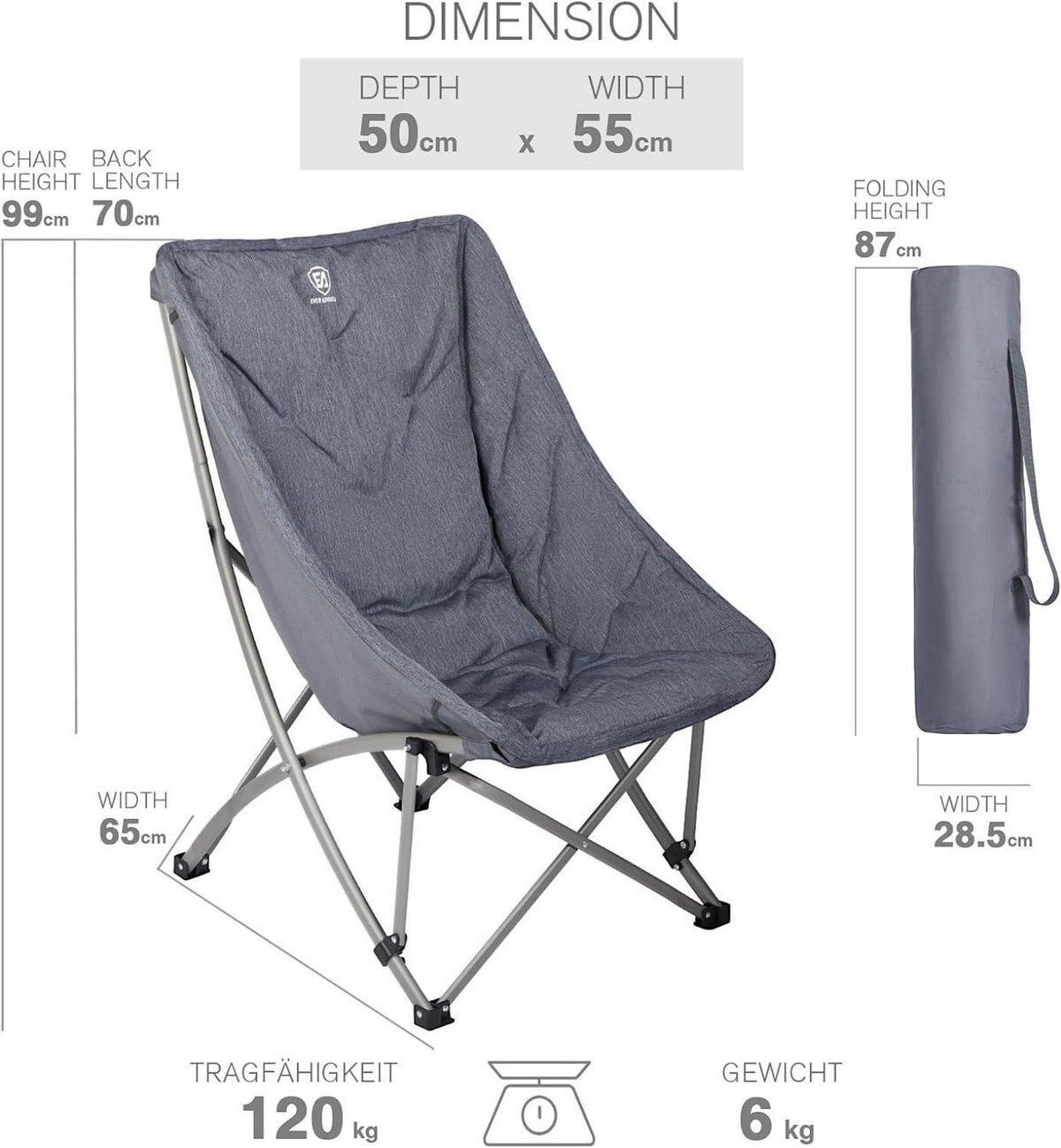 Faltbarer Campingstuhl Gepolstert 6CM Rückenlehne 120KG Belastbar