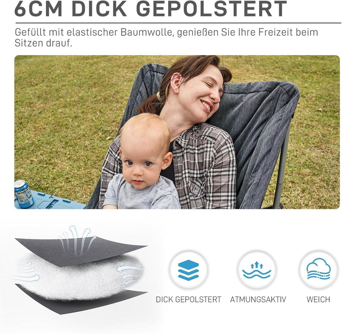 Faltbarer Campingstuhl 6CM Gepolstert 120KG Belastbar Hohe Rückenlehne