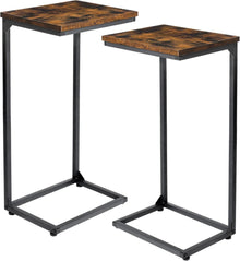 Beistelltisch 2er Set C-Form Couchtisch Metall Holzplatte Braun