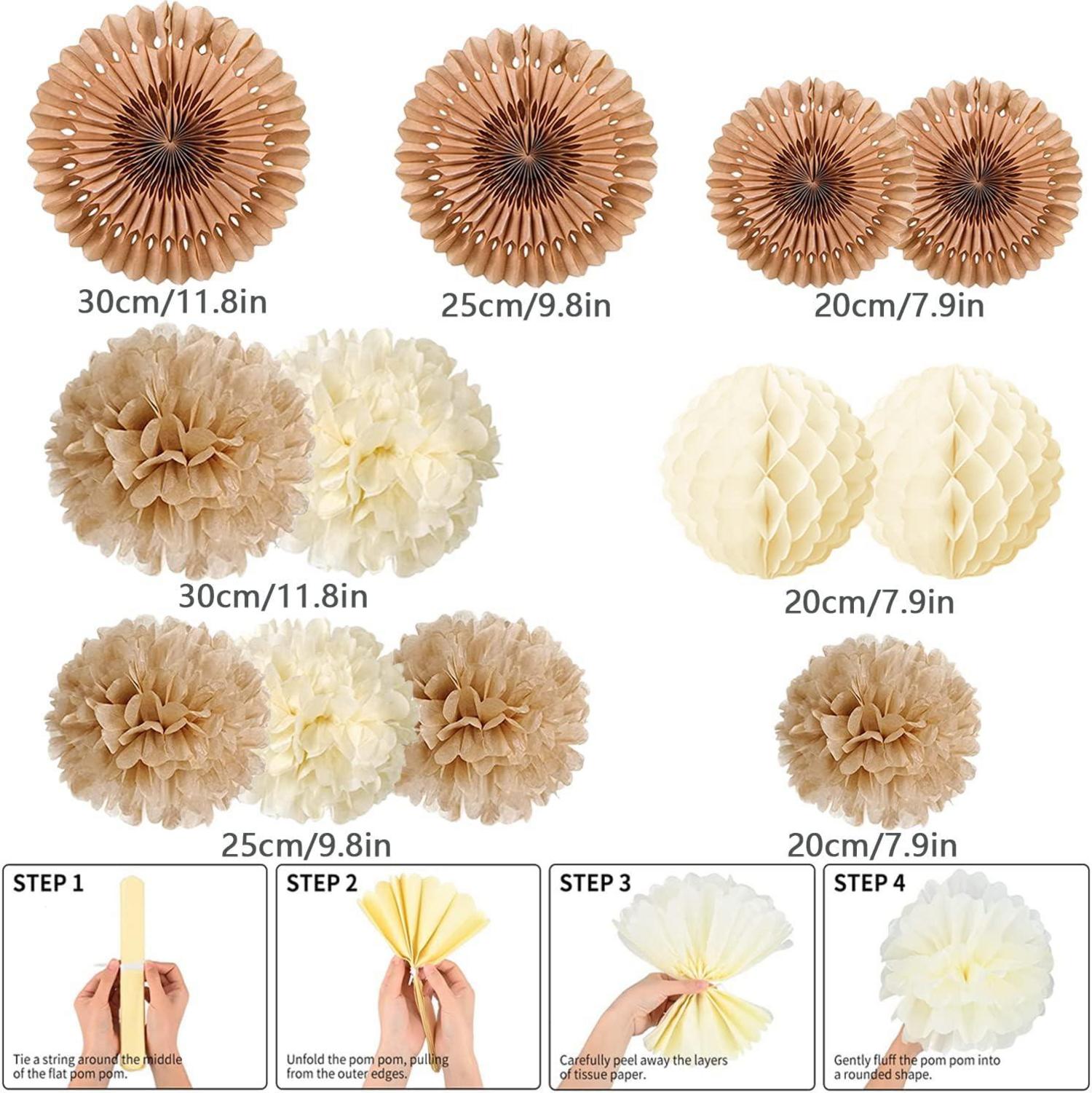 Vintage Pompons Deko Set für Hochzeit und Party, 12 Stück