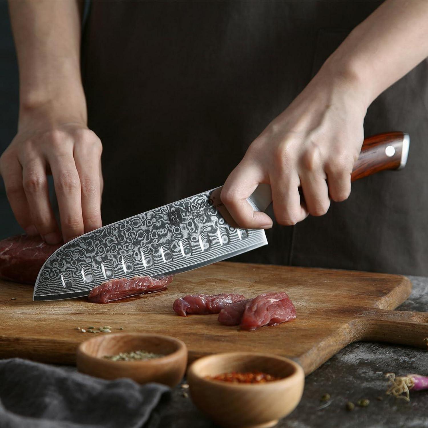 XINZUO 18cm Damaststahl Santokumesser mit Rosenholzgriff