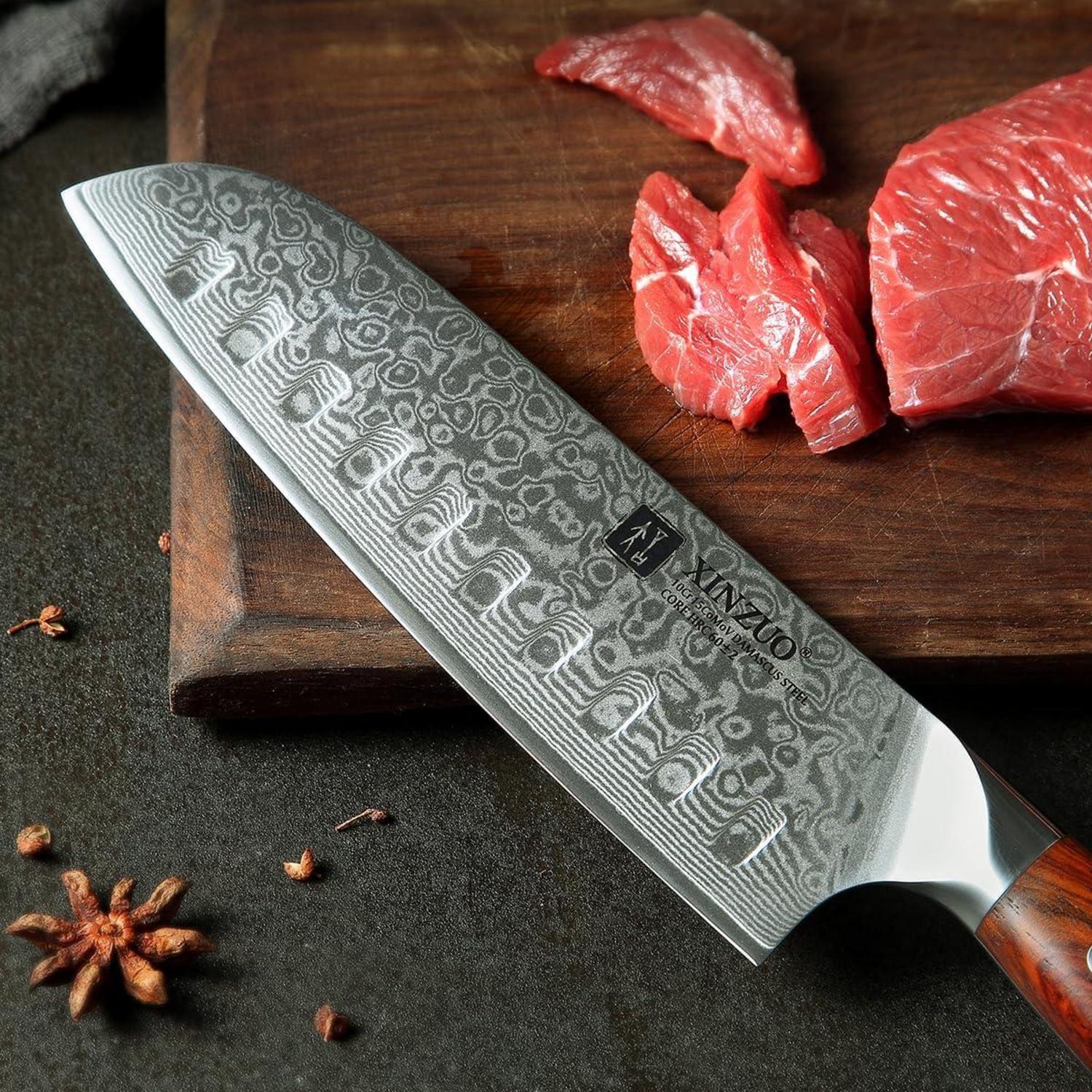 XINZUO 18cm Damaststahl Santokumesser mit Rosenholzgriff