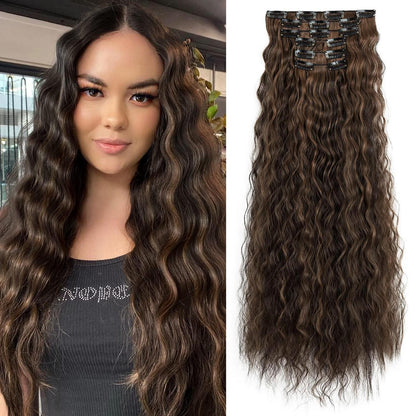 Lange gewellte Haarverlängerung dunkelbraun mit Highlights
