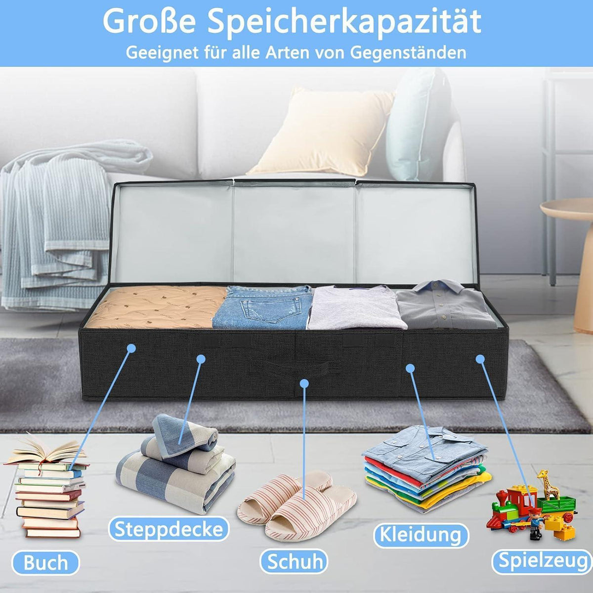 Faltbare Unterbett Aufbewahrungsboxen 2 Stück Schwarz 15cm Hoch