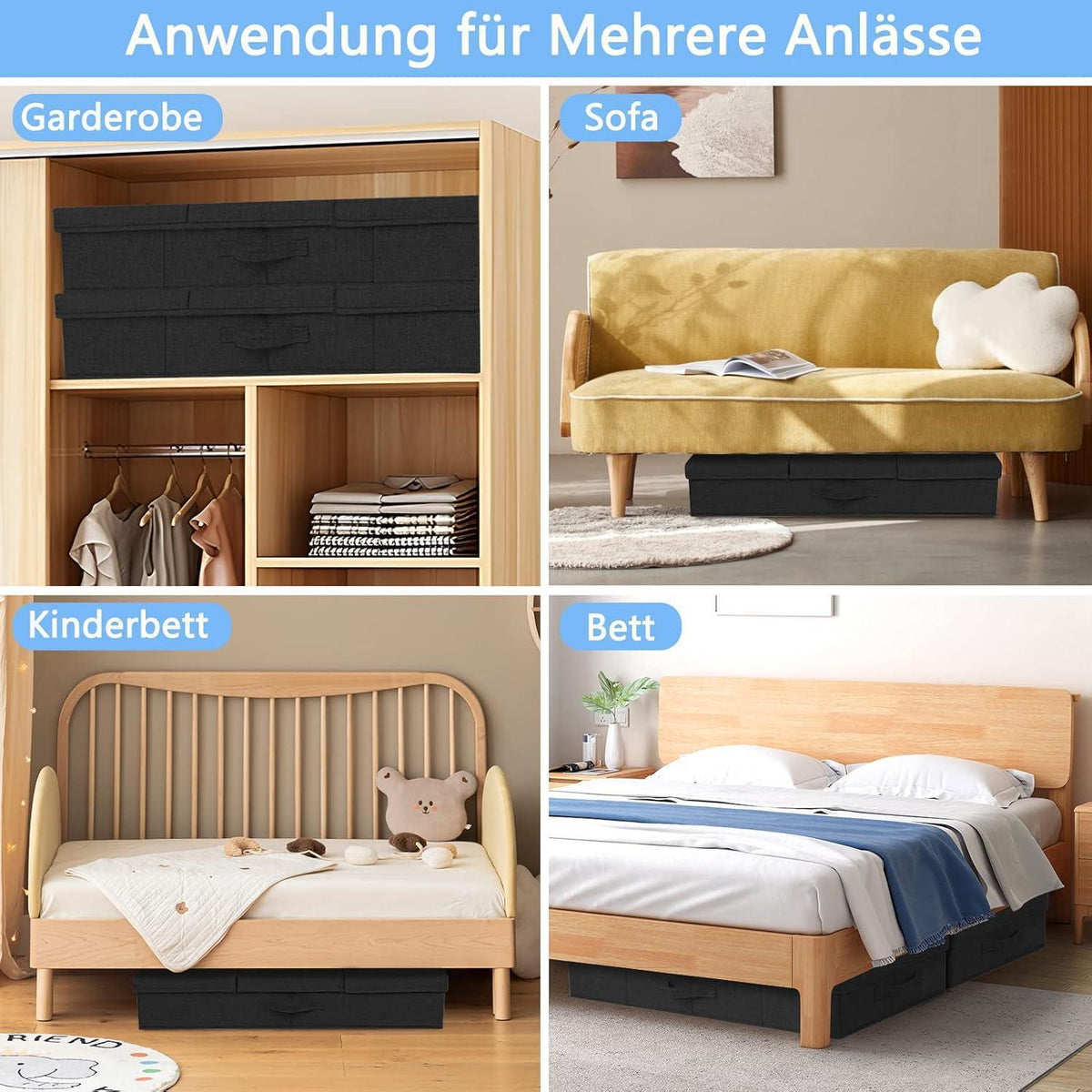 Faltbare Unterbett Aufbewahrungsboxen 2 Stück Schwarz 15cm Hoch