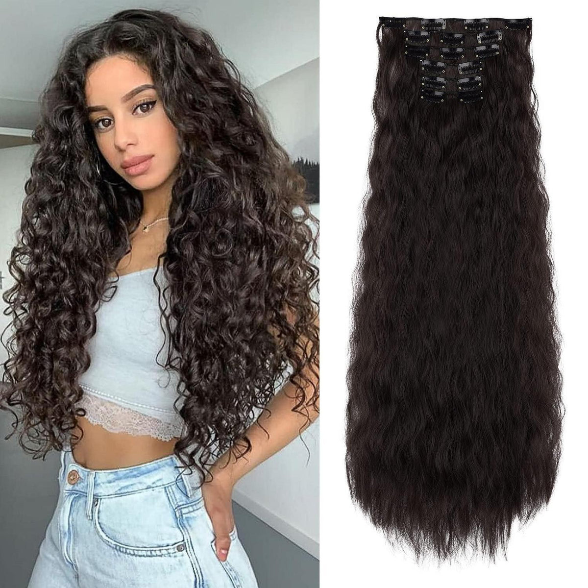 60cm Lange Wellige Haarverlängerung – Clip-In, Schwarz Braun
