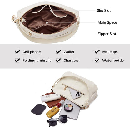 Damen Schultertasche Beige PU Leder Mittelgroße Handtasche Henkeltasche