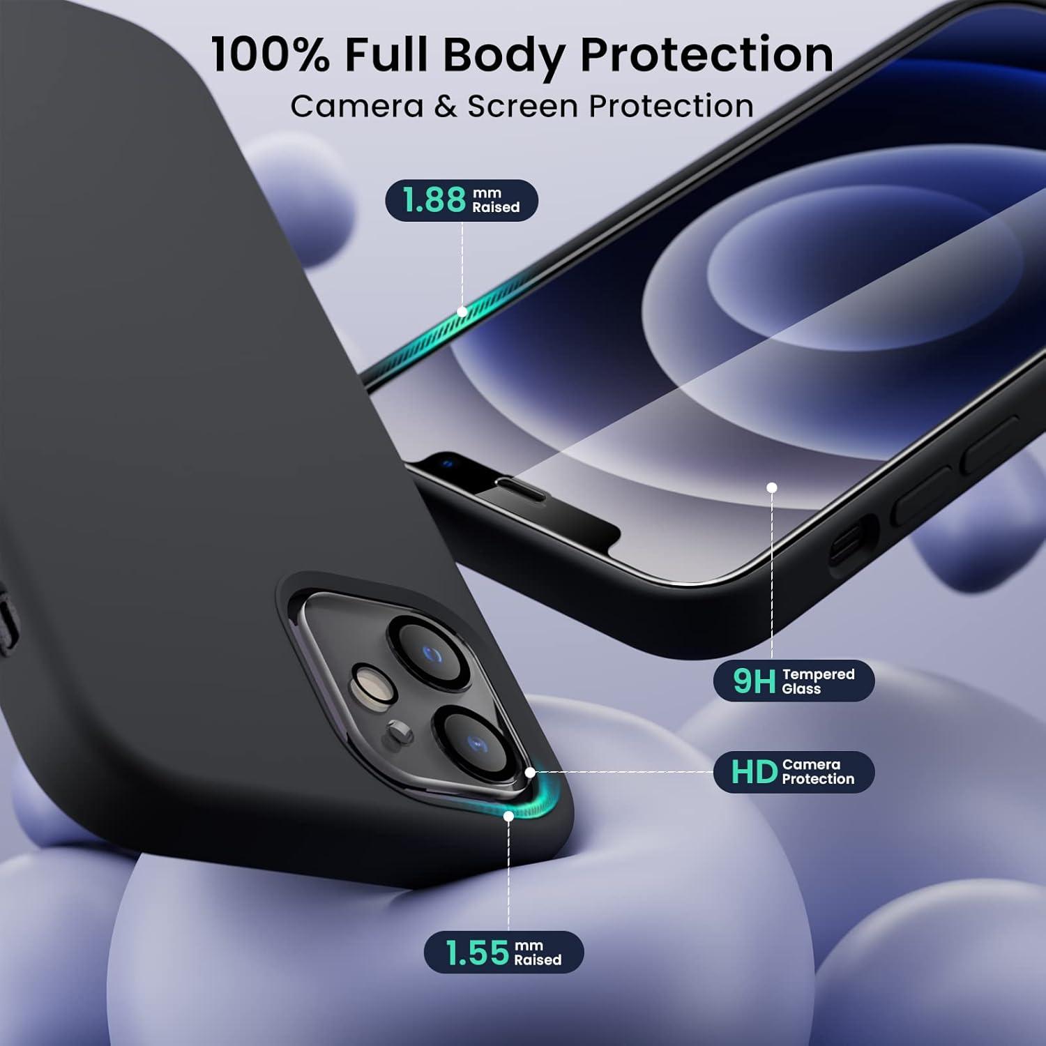 iPhone 12/12 Pro 6,1 Silikon Case Schwarz 5-in-1 Schutzfolie Kameraschutz