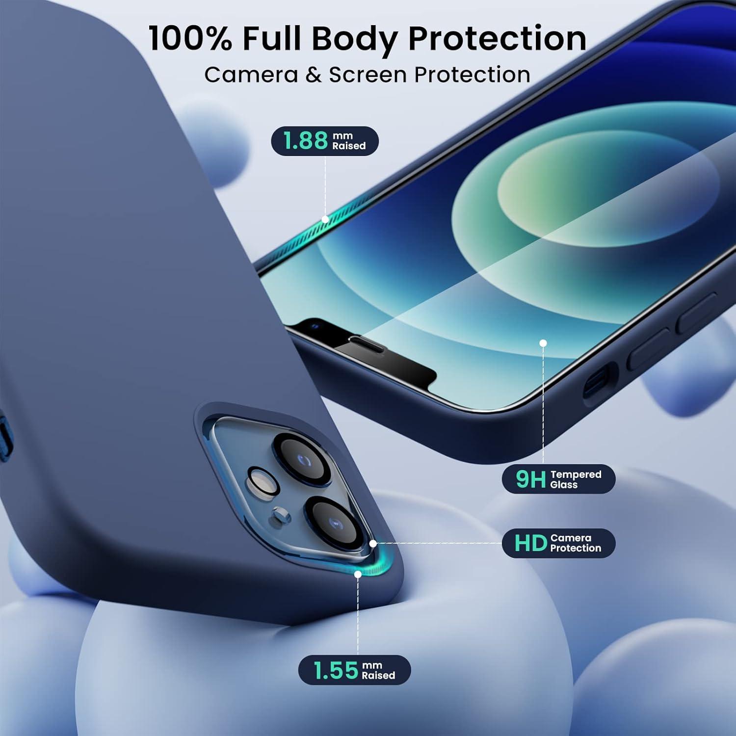 ORNARTO iPhone 12/12 Pro Silikon Case 5-in-1 Set-Schutzfolie,Kameraschutz,hochwertiges flüssiges Silikon,Dunkelmarine