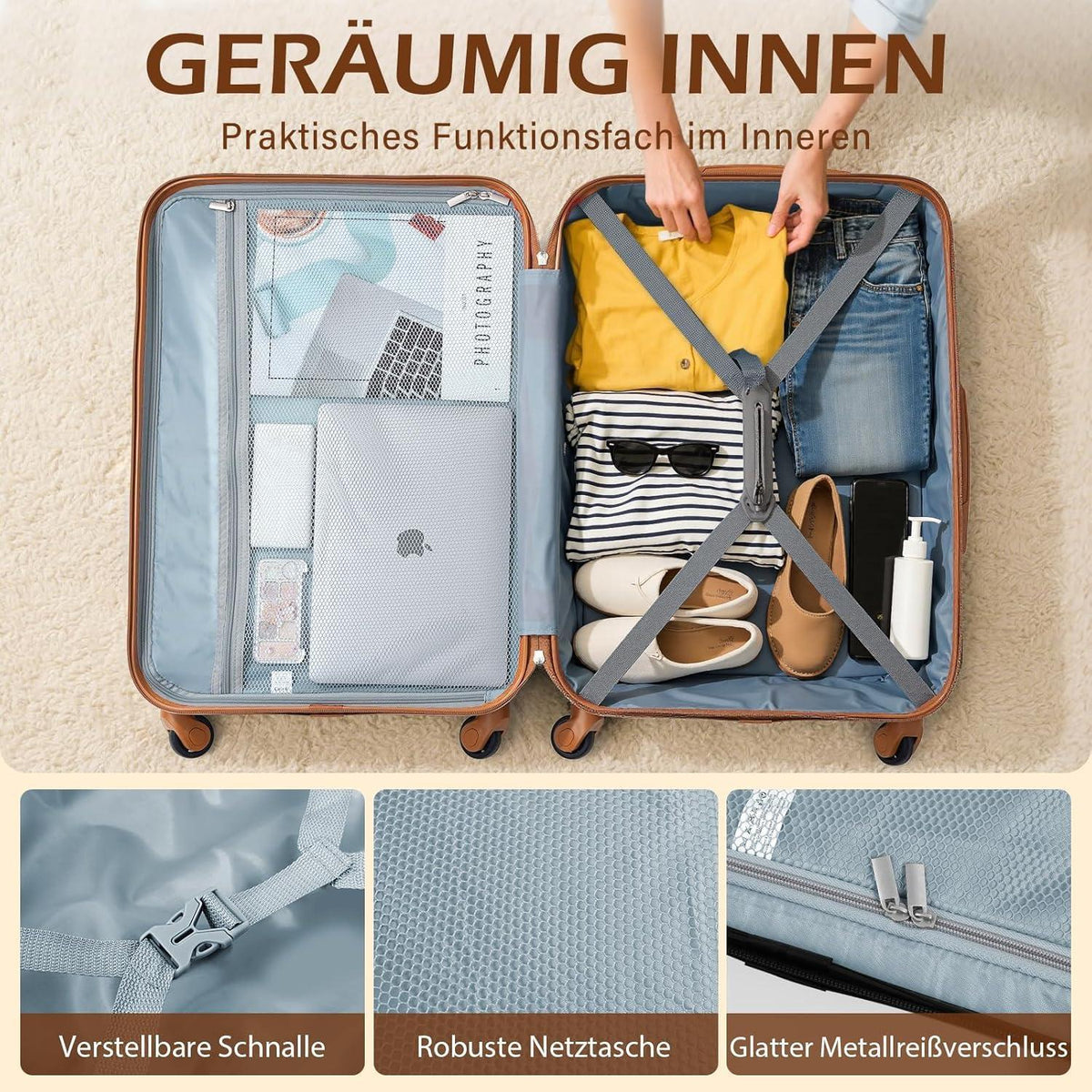 Großer Reisekoffer mit TSA-Schloss & 4 Rollen (Weiß/Braun)