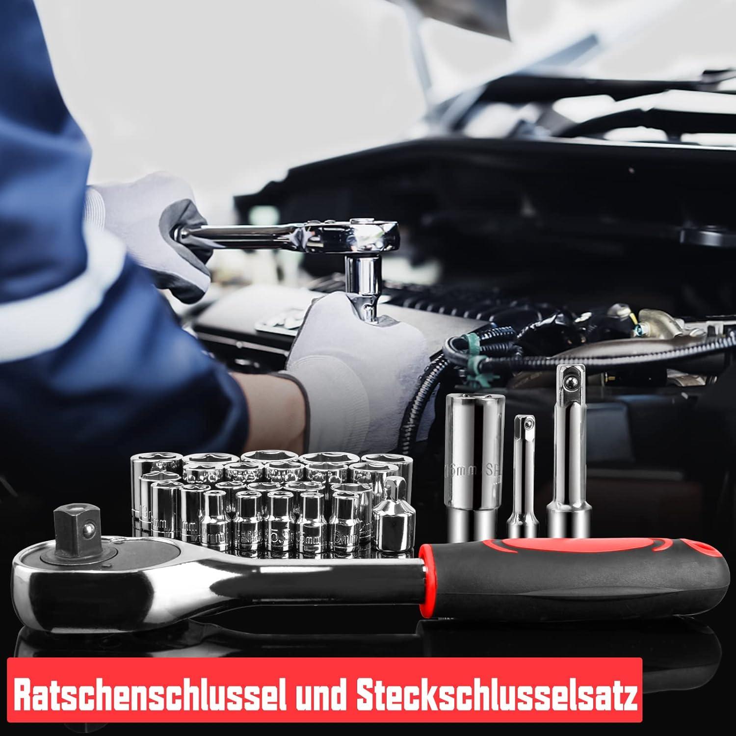 Werkzeugkoffer Gefüllt 257-tlg Schraubenzieher Ratsche Steckschlüsselsatz Werkzeugkasten Rot