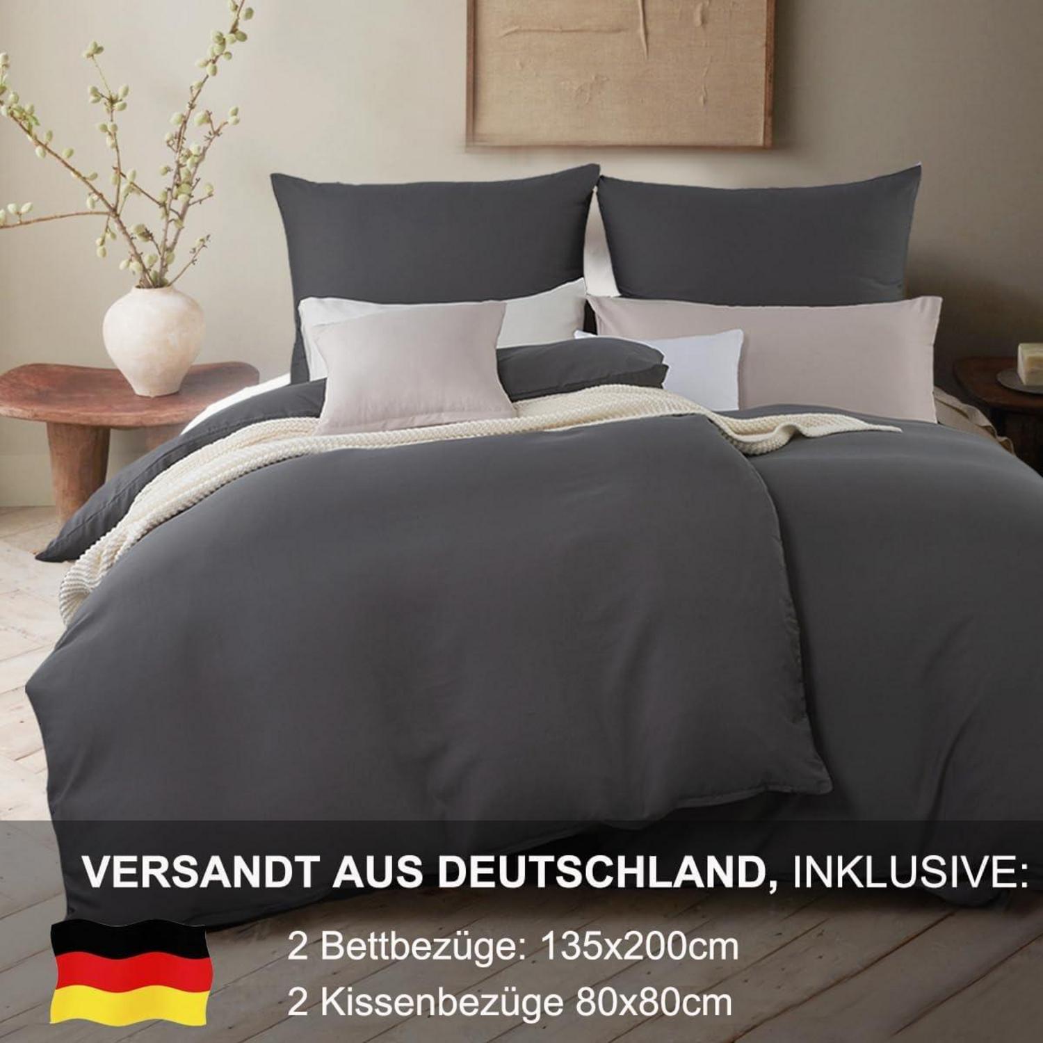 Bettwäsche 135x200 4tlg Anthrazit Grau Mikrofaser weich mit