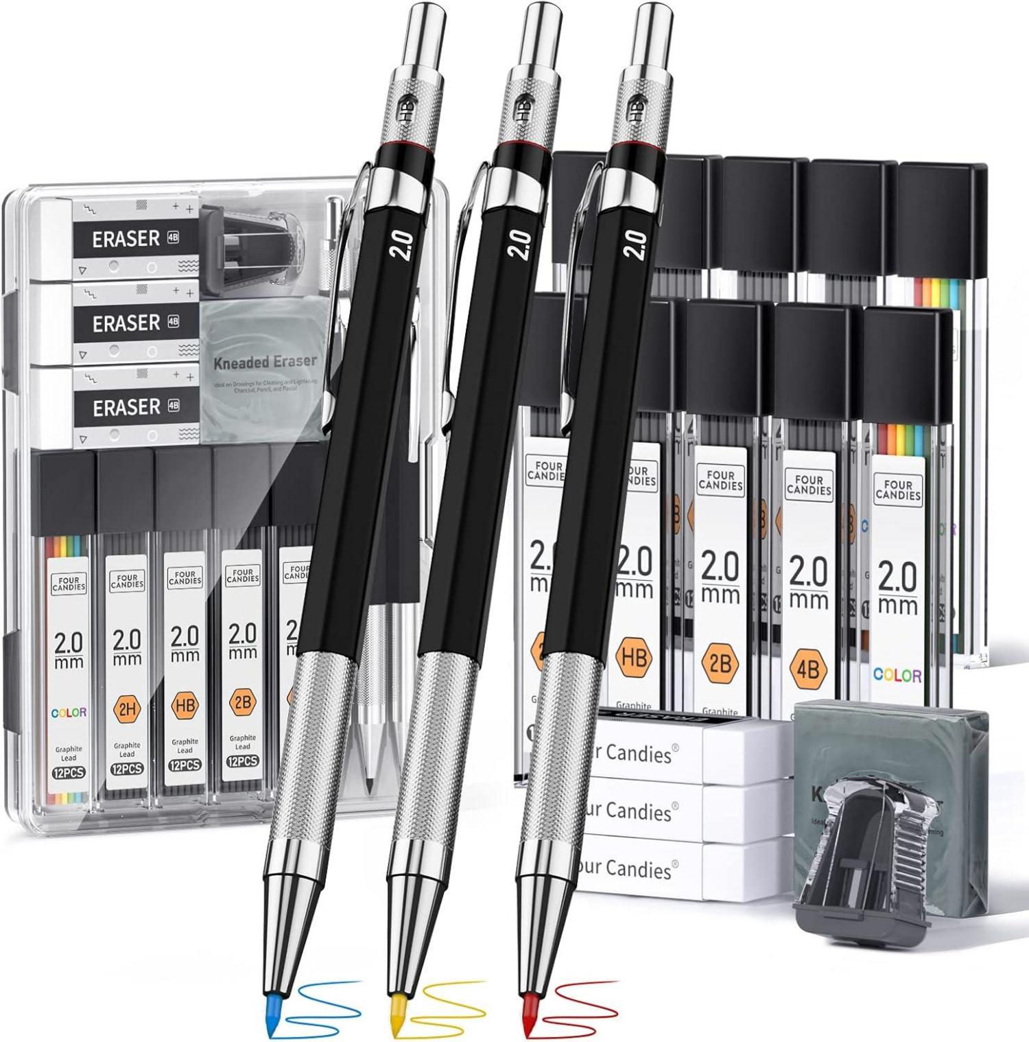 Druckbleistift Set 2mm: 3 Stück mit Etui, 120 Minen, Radiergummis