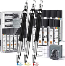 Druckbleistift Set 2mm: 3 Stück mit Etui, 120 Minen, Radiergummis