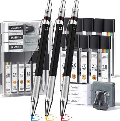 Druckbleistift Set 2mm: 3 Stück mit Etui, 120 Minen, Radiergummis