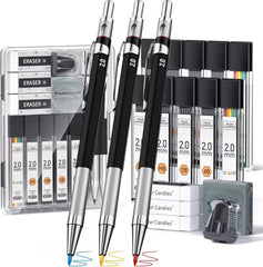 Druckbleistift Set 2mm: 3 Stück mit Etui, 120 Minen, Radiergummis