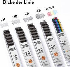 Druckbleistift Set 2mm: 3 Stück mit Etui, 120 Minen, Radiergummis