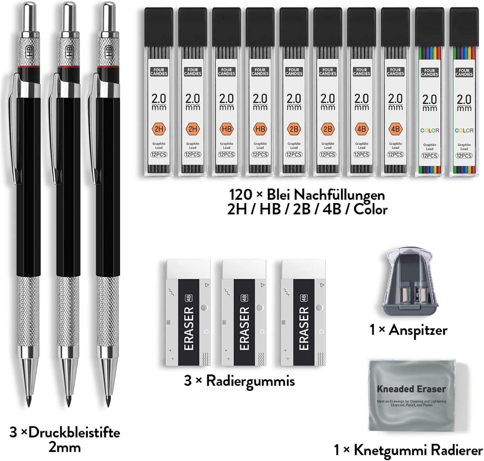 Professionelles 2mm Druckbleistift Set - 3 Stück, 120 Graphitminen, Radiergummis