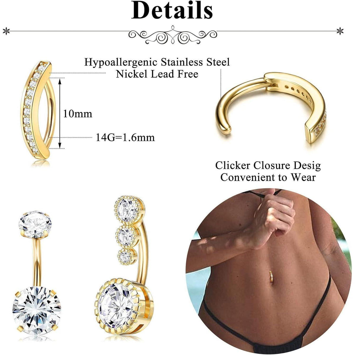 Bauchnabelpiercing 14G 316L Edelstahl mit Opal und Zirkonia, Gold