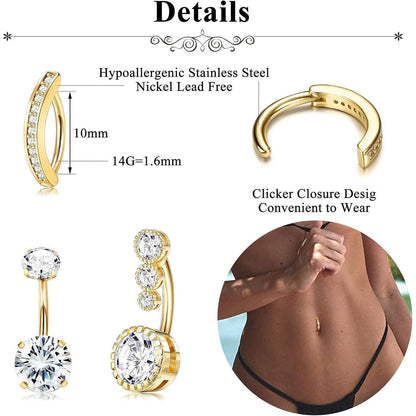 Bauchnabelpiercing 14G 316L Edelstahl mit Opal und Zirkonia, Gold