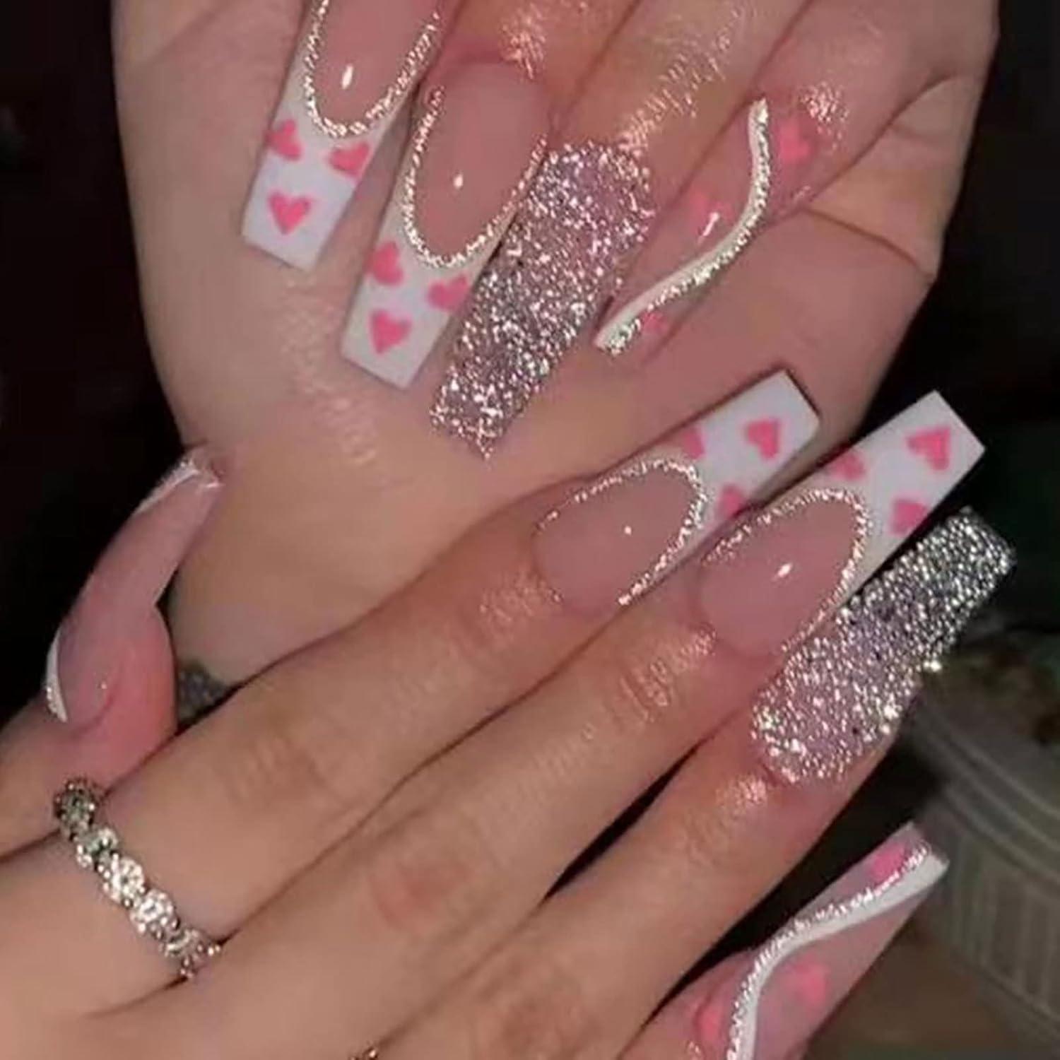 24 Stück Falsche Nägel Lange Press on Nails Glitter Rosa Herzen Glossy