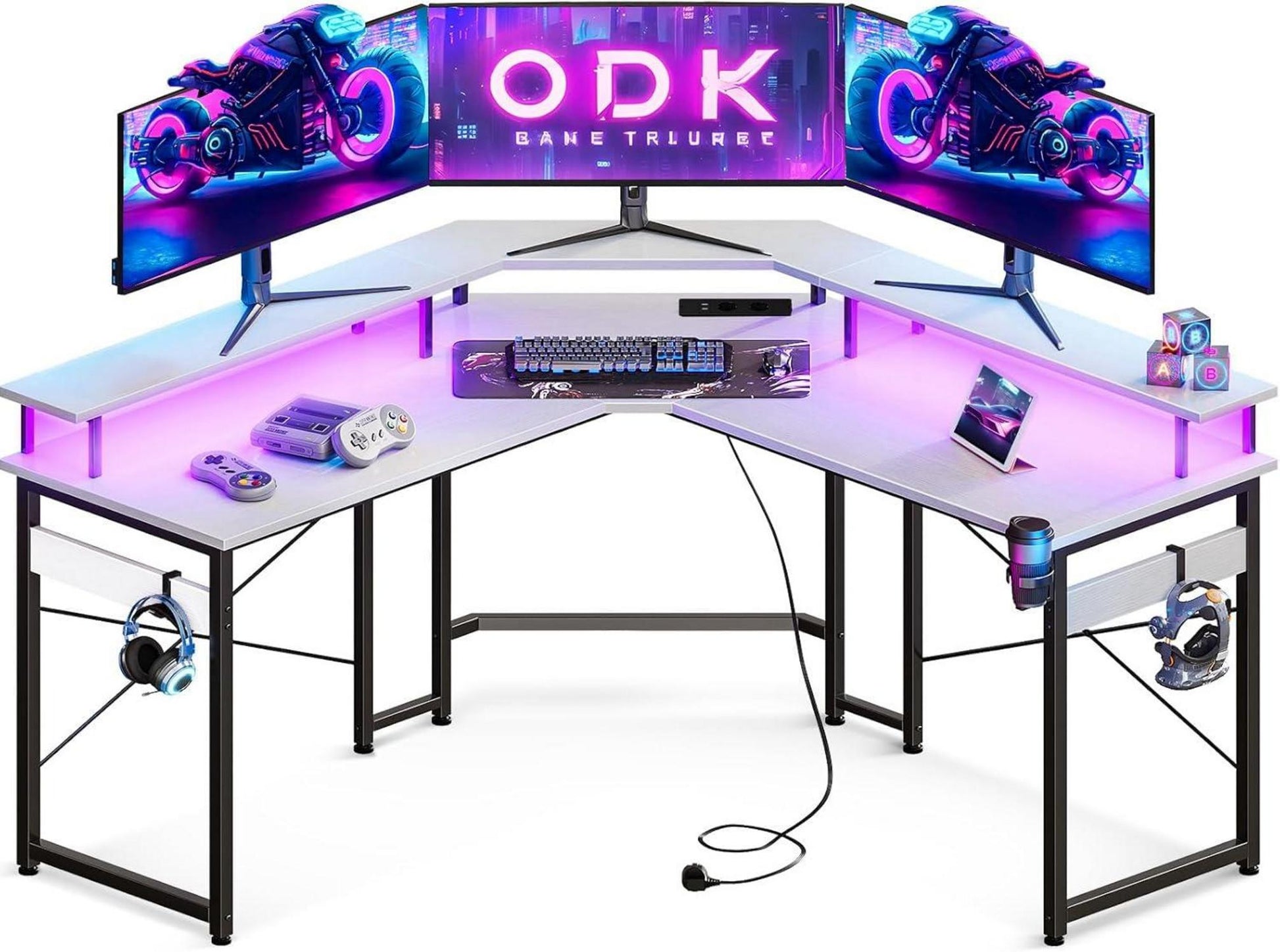Gaming Tisch mit LED-Beleuchtung, Steckdosen, USB-Anschlüssen