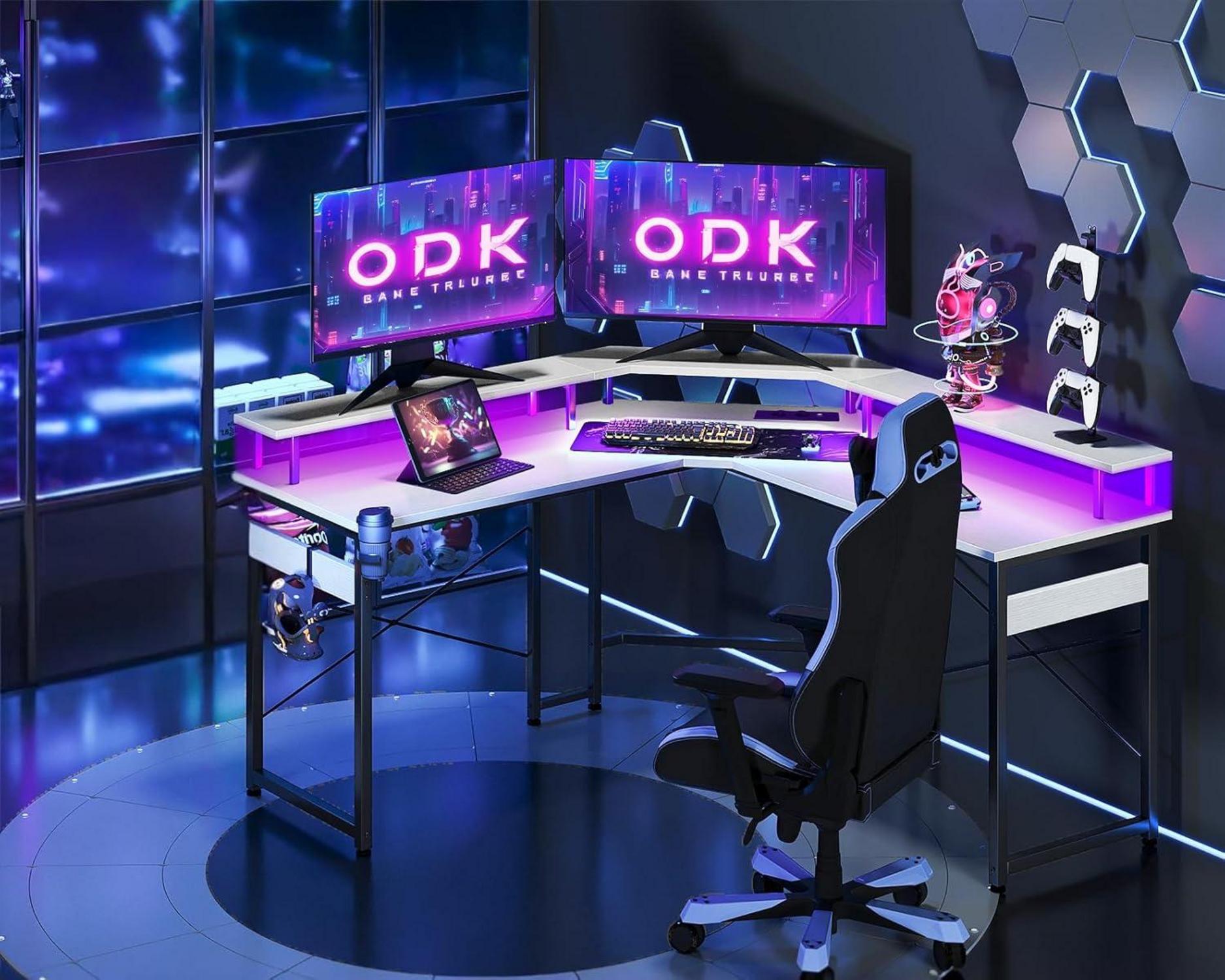 ODK Gaming Schreibtisch LED Monitorablage 129x129 cm