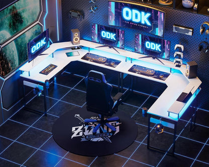 Gaming Schreibtisch LED Eckschreibtisch Weiß 2 Steckdosen USB_Ladeanschluss