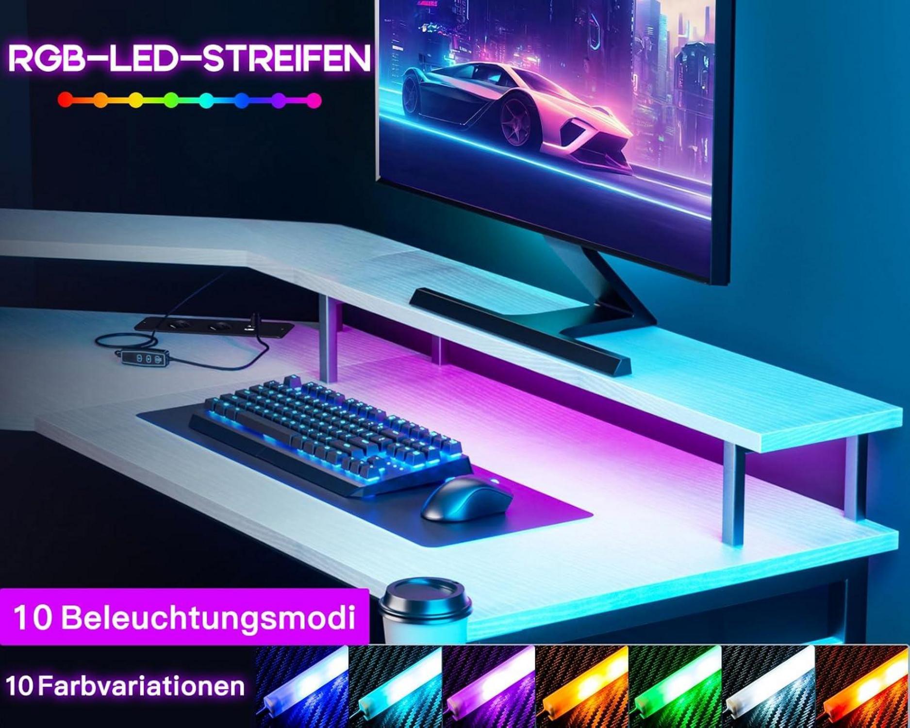 Gaming Tisch LED Eckschreibtisch Weiß 129x129 cm Monitorablage