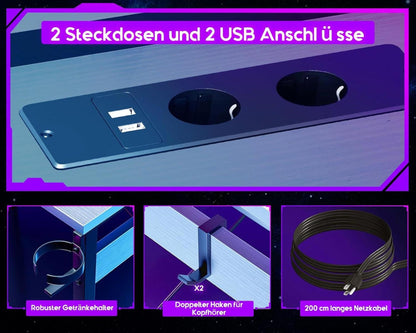 Gaming Schreibtisch LED Eckschreibtisch Weiß 2 Steckdosen USB_Ladeanschluss