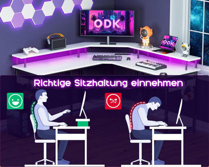 ODK Gaming Tisch mit LED, Steckdosen, USB, Monitorablage 129x129 cm