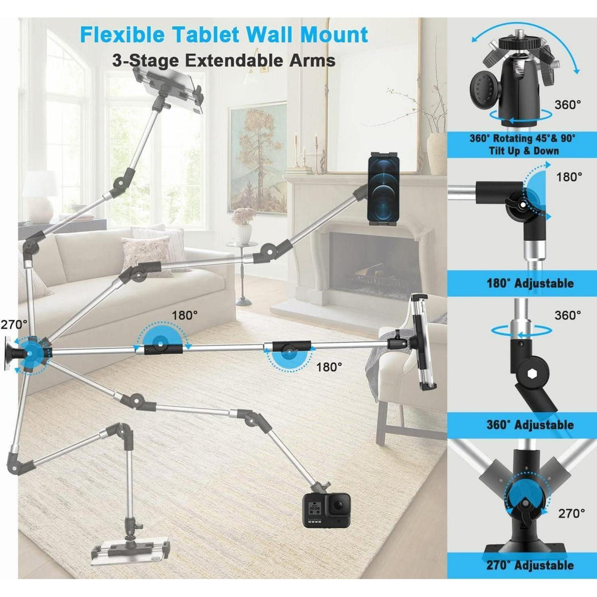Faltbarer Tablet Wandhalterung mit Langem Arm & 360° Drehung