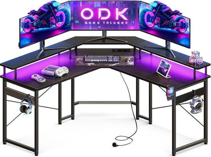 Gaming Schreibtisch mit LED, 2 Steckdosen, 2 USB, Monitorablage