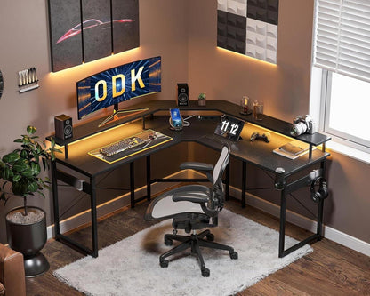 ODK Gaming-Schreibtisch mit LED-Beleuchtung und Monitorablage, Schwarz