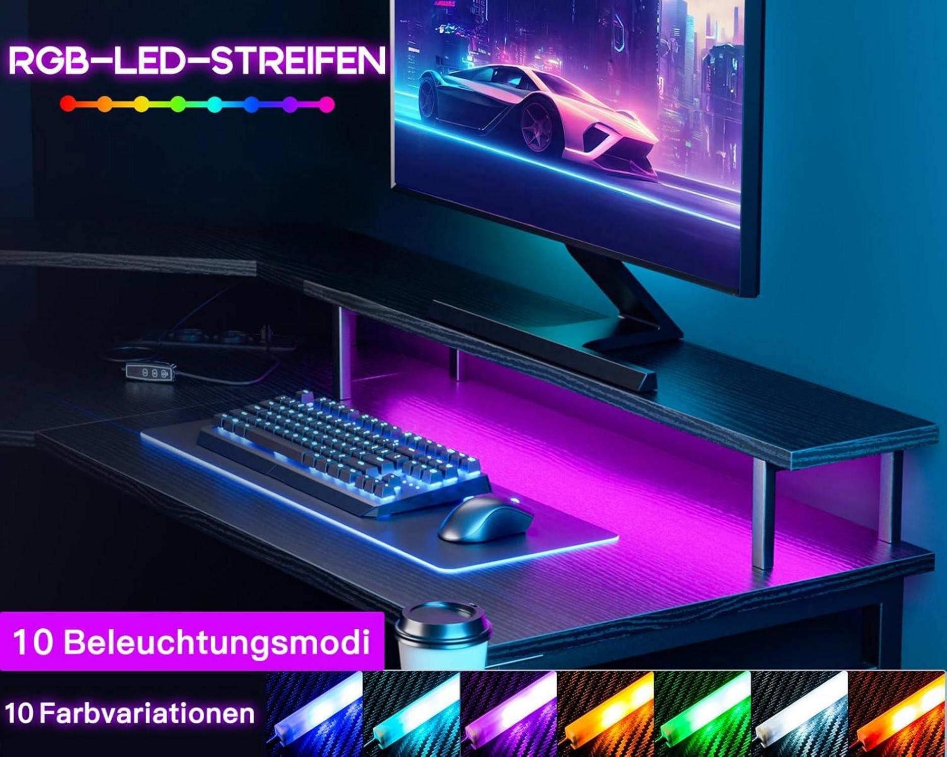 Gaming Schreibtisch LED 2 Steckdosen 2 USB Ladeanschluss