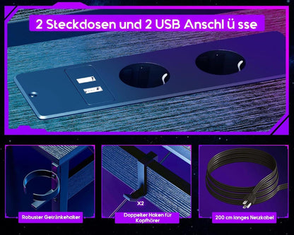 Gaming Schreibtisch LED mit 2 Steckdosen USB Ladeanschluss Schwarz