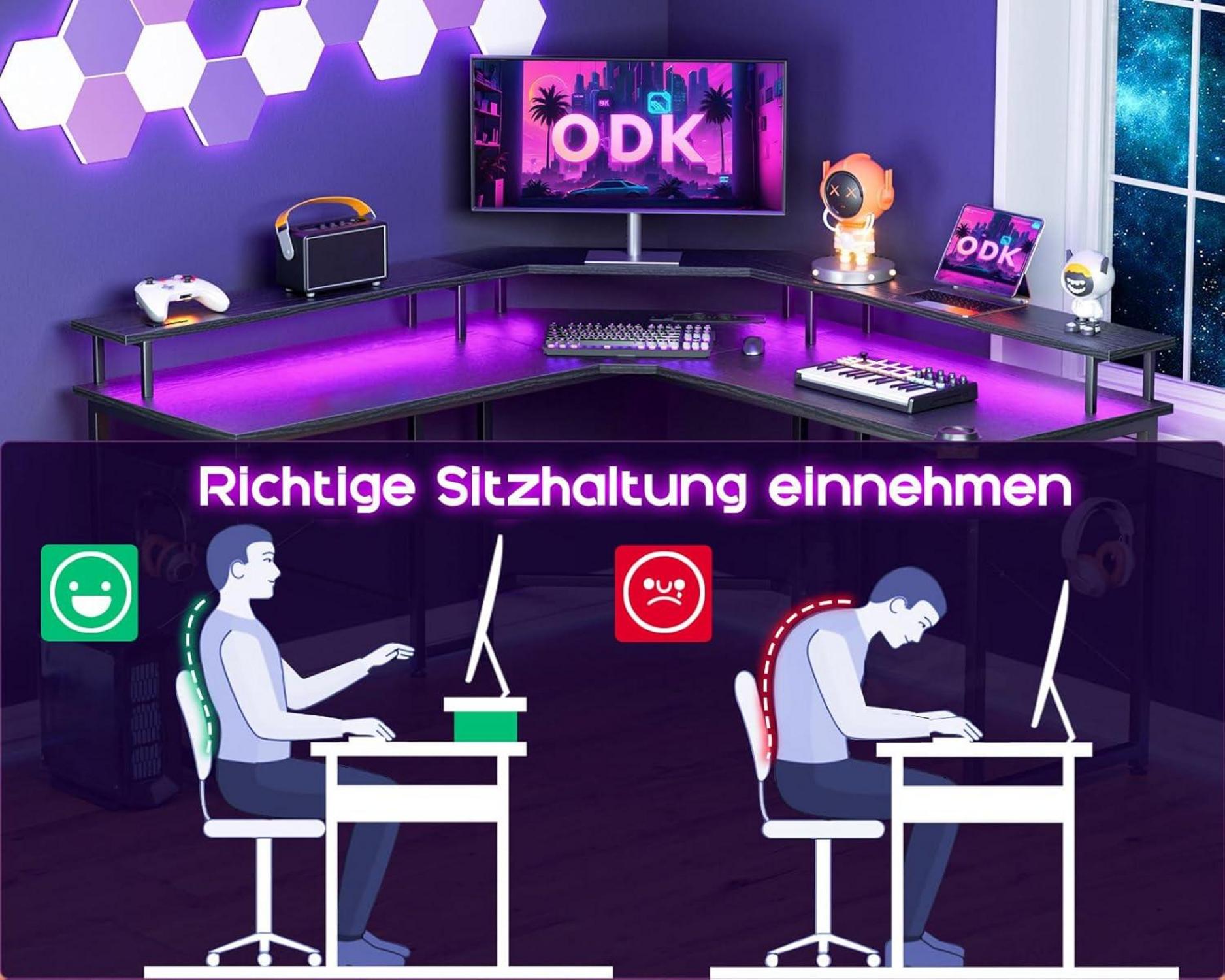 ODK Gaming-Schreibtisch mit LED-Beleuchtung und Monitorablage, Schwarz