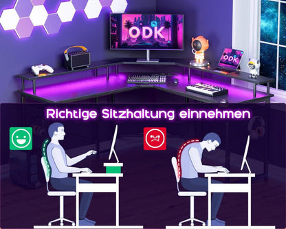 ODK Gaming-Schreibtisch mit LED-Beleuchtung und Monitorablage, Schwarz